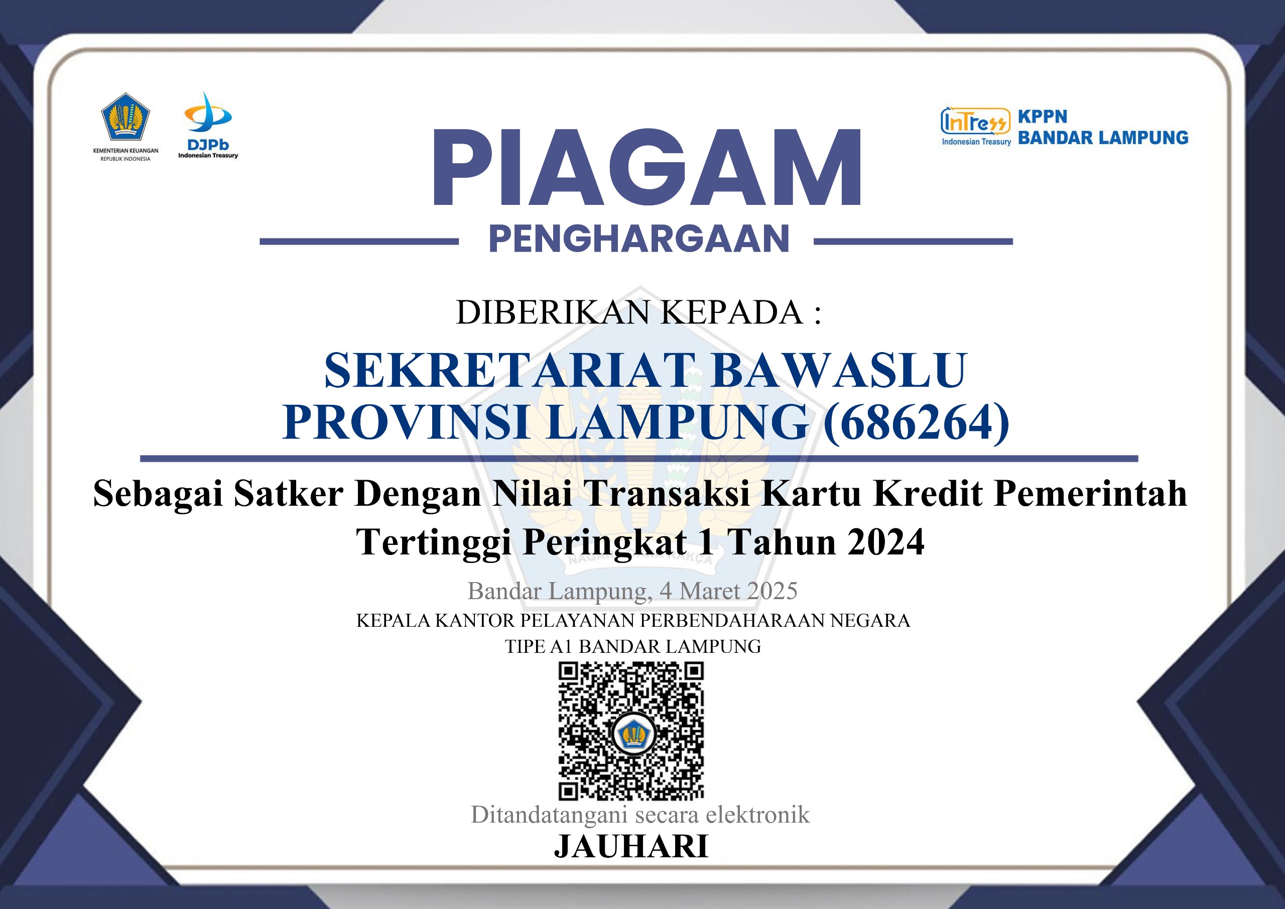 Bawaslu Lampung Raih Kembali Penghargaan Dari KPPN Bandar Lampung